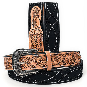 ADBLF335 Black Suede Western Belt - Hand-Tooled Leather Inlay & Silver Engraved Buckle